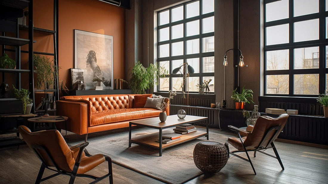 Modern industrieel warm interieur woonkamer