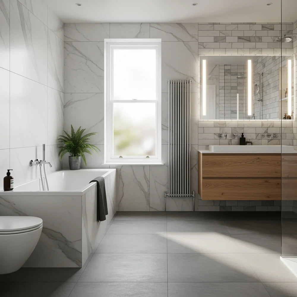 heldere amsterdamse badkamer marmerlook minimalistisch