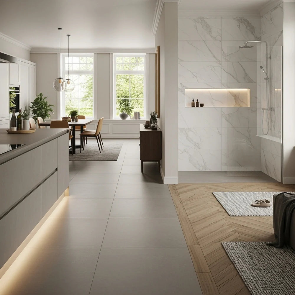 lichte gezinswoning betonlook eikenvisgraat marmer