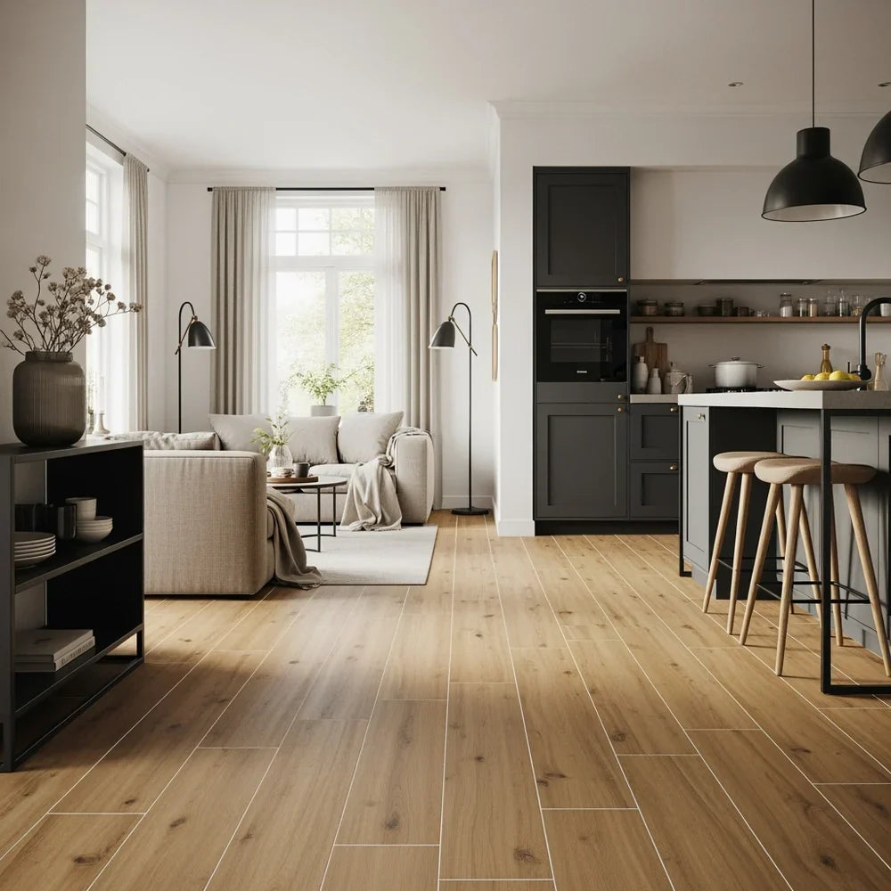 lichte open woonkeuken eikenlook tegelvloer