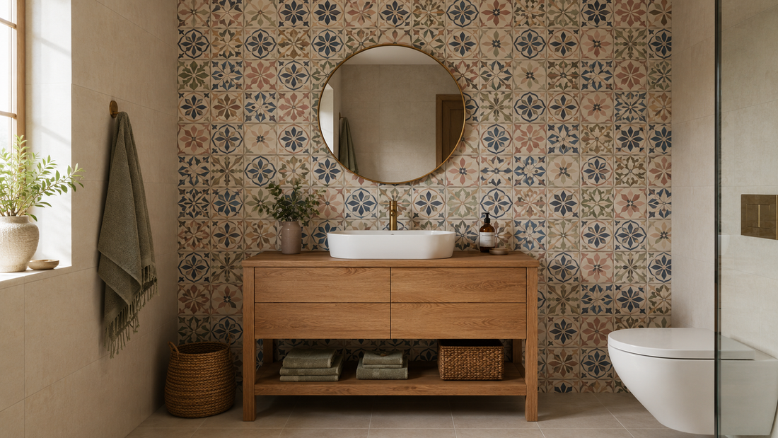 Kleur in de badkamer met Revoir Paris tegels in een realistische badkamertoepassing