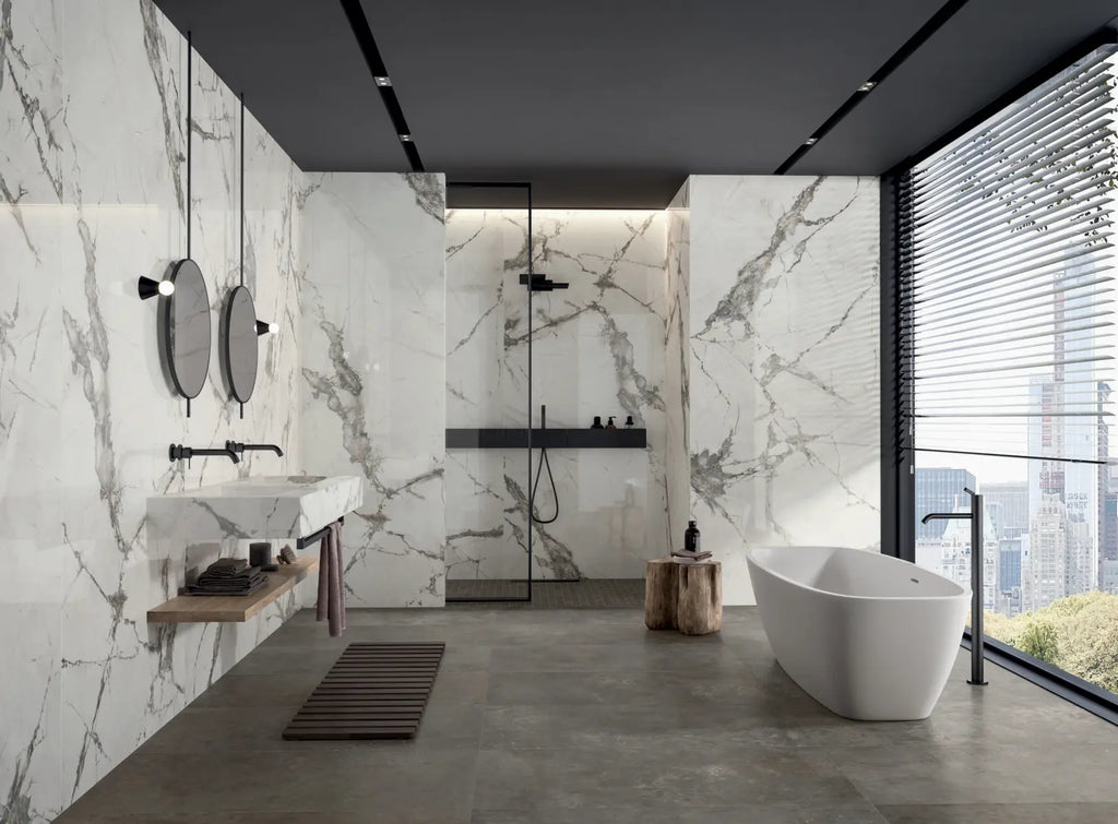 Marmerlook - Vloertegel - Grijswit - 120x280cm - Gepolijst - F25SEIS